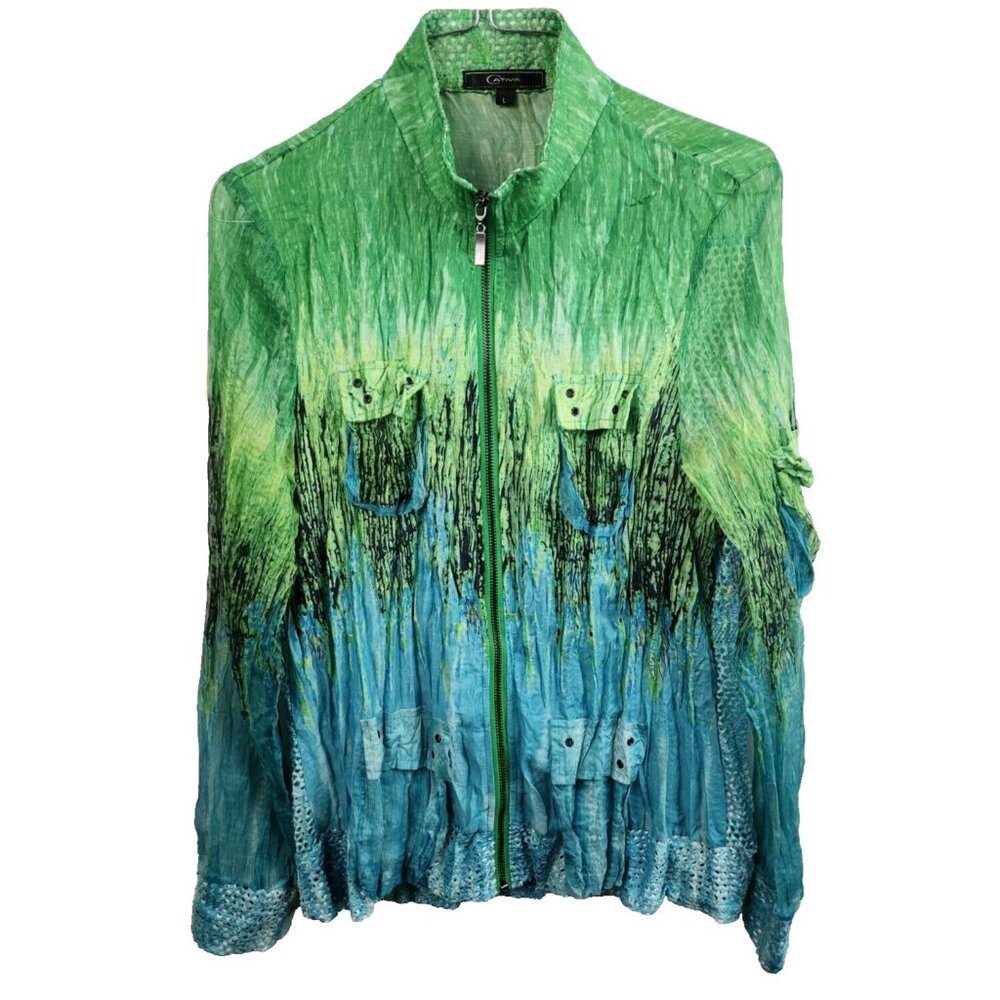 Cativa Wearable Art Jacket Womens Large Blue Green Abstract Crinkle‎ Mesh Unique